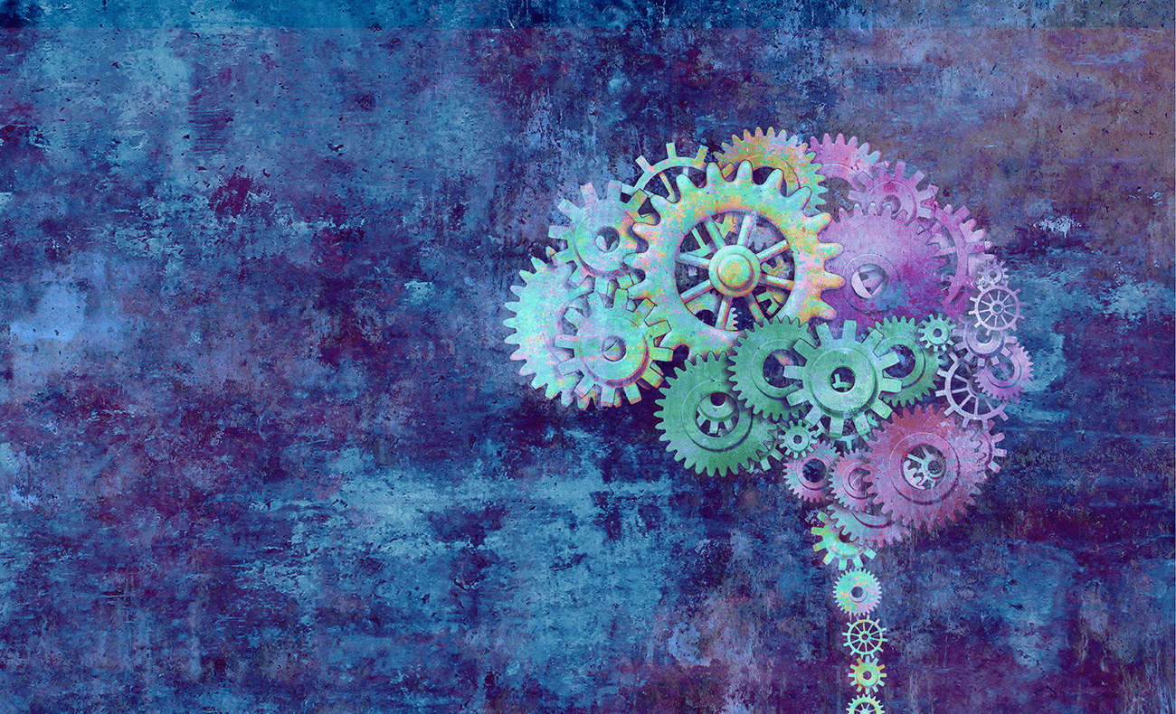 a brain image made up of cogs on painted background